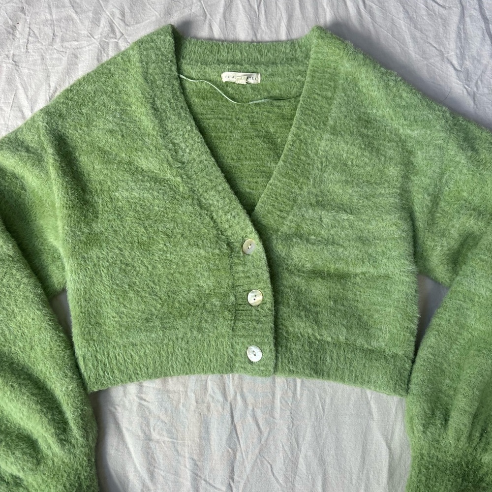 Green fuzzy chunky V-neck cardigan sweater